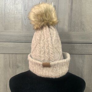 C. C. Beanie Tan Knit Cotton Winter Cap With Pom Pom Hat Woman's One Size